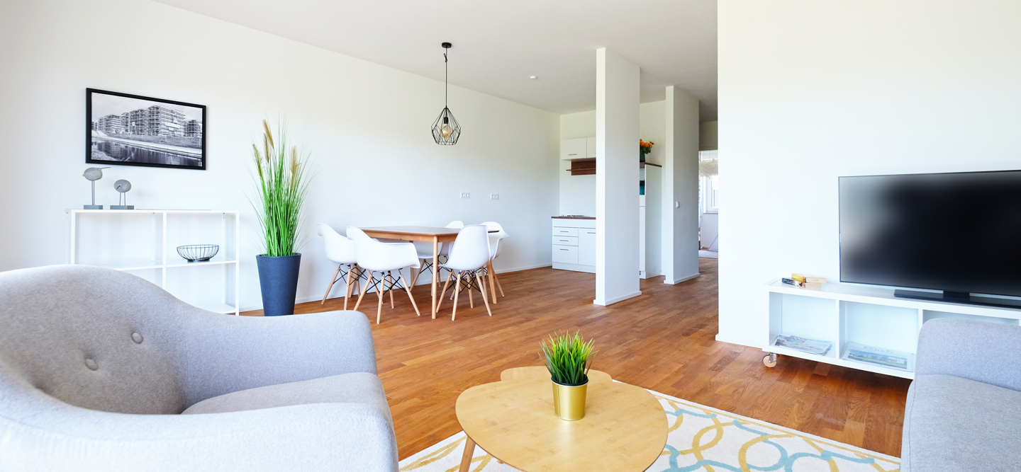 Ein Foto eines lichtdurchfluteten Wohnzimmers mit offener Küche. Der Einrichtungsstil ist minimalistisch und modern.